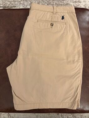Polo by Ralph Lauren Men's Khaki Flat Front Shorts with Navy Logo